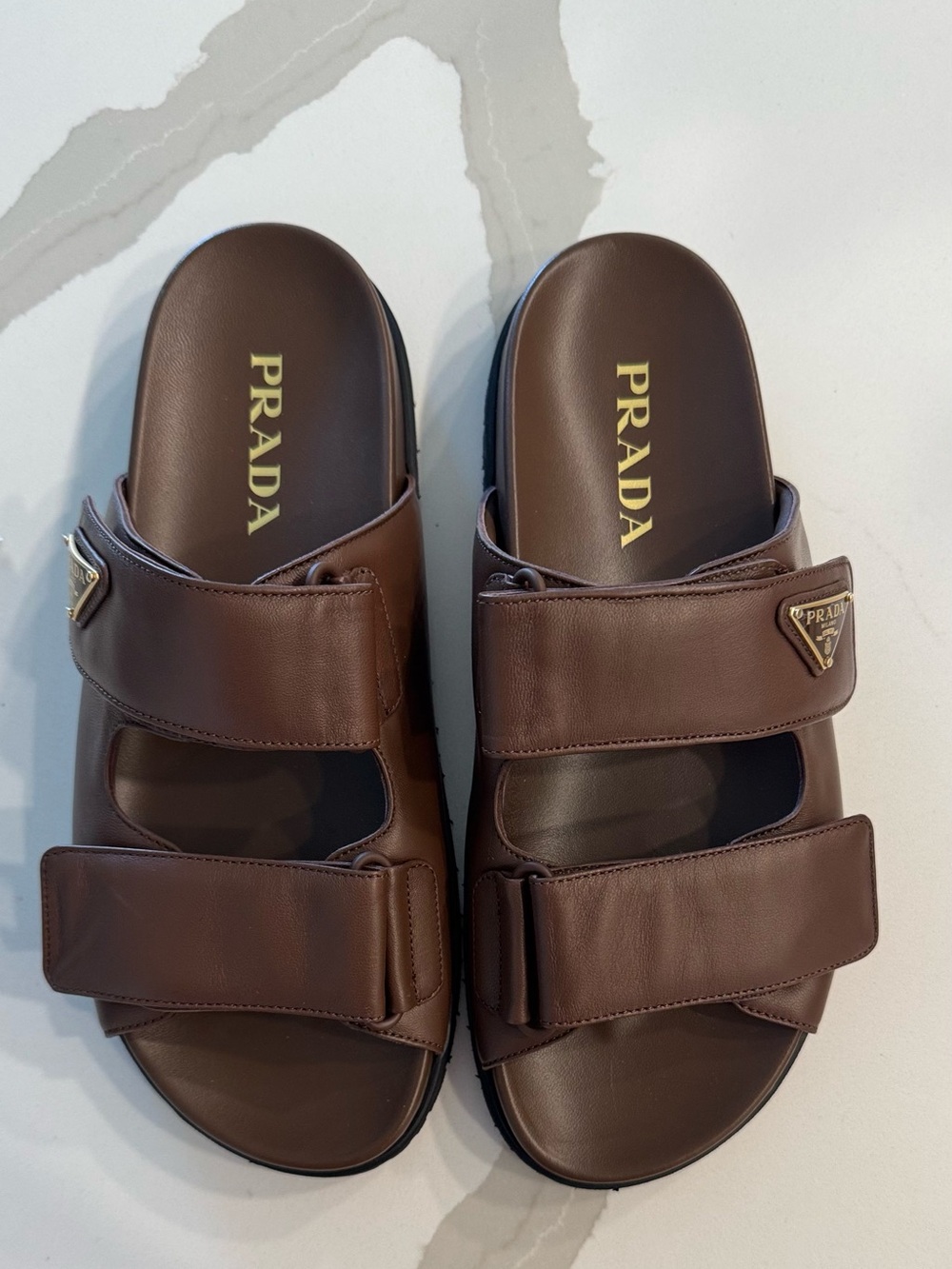 Women’s Luxury Prada Brown Leather Dual-Strap Slide Sandal with Gold Logo - Picture 6 of 14